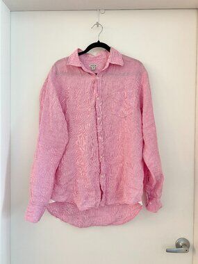 J. Peterman Men's 100% Linen Pink Mini Checkered Button Down Shirt Size M